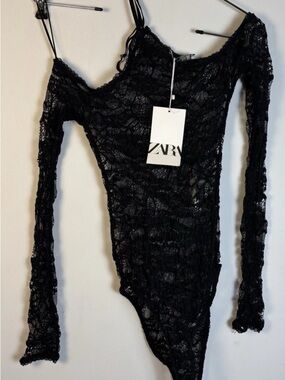 Zara Black Sheer Lace Bodysuit S NWT Off Shoulder Long Sleeve Y2K Going Out
